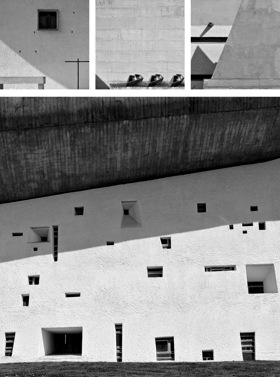 foto 1, 4 - Compunere spațială element filtrant, Ronchamp, Notre Dame du Haut, Le Corbusier; foto 2, 3 - Captatorii de lumină și geometria complexă a umbrei purtate, Sainte Marie de la Tourette, Le Corbusier © Alexandru Crișan, 2011