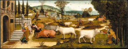 Maître des Cassoni Campana,
Les amours de Pasiphaé,
entre 1510 et 1520,
peinture sur bois,
0,69 x 1, 82 mètres
Musée du Petit Palais, Avignon
© RMN-Grand Palais
