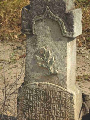 Fig. 24 detaliu de cruce secol XIX, cimitirul parohial Ştefăneşti, Călăraşi. Simbolul regăsit pe acest monument - o ramură din Pomul vieţii sau Floarea vieţii poate fi de influenţă iudaică, fiind frecvent întâlnit şi pe pietrele funerare din cimitirele evreieşti din Bucovina.