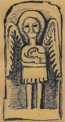 Fig. 40 Detaliu de cruce, secol XIX, desen după o fotografie din Paul Petrescu şi Georgeta Stoica, Dicţionarul de artă populară (Editura Enciclopedica, Bucureşti, 1997, p. 377). Acest detaliu făcea parte dintr-o lucrare monumentală (2,40 m ), „Crucea Frumoasă”, 1880, amplasată în vârful dealului Istriţei,de către meşterul crucer Grigore Mihai-Berbec. Ansamblul a fost distrus, fragmentele sunt la Muzeul Judeţean Buzău