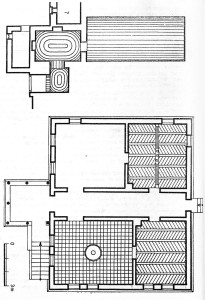 Releveul casei Cerchez (perspectivă, plan pivniță, plan parter) realizat de Eugenia Greceanu.